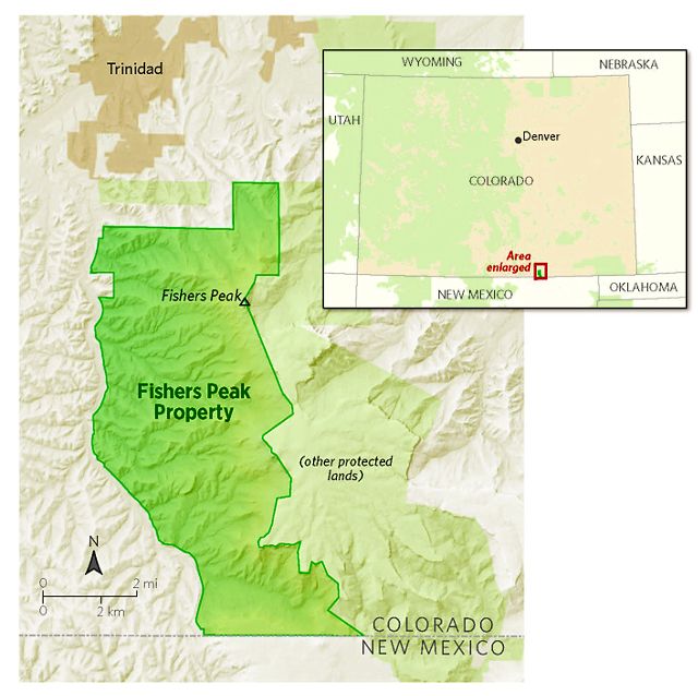 Map of Colorado showing Fishers Peak in the southeast corner of the state