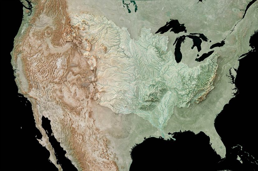 A map of the US shows the Misssissippi River floodplain occupying a huge area in the middle of the country.