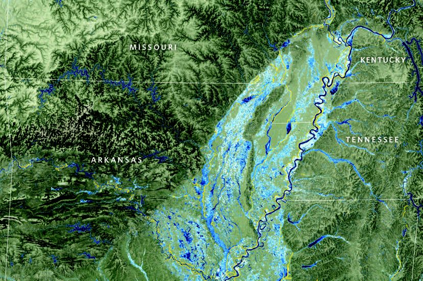 A topographical map of the Mississippi River shows the areas that have been inundated.