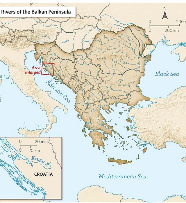 A map shows the rivers in the Balkan Peninsula of Europe.