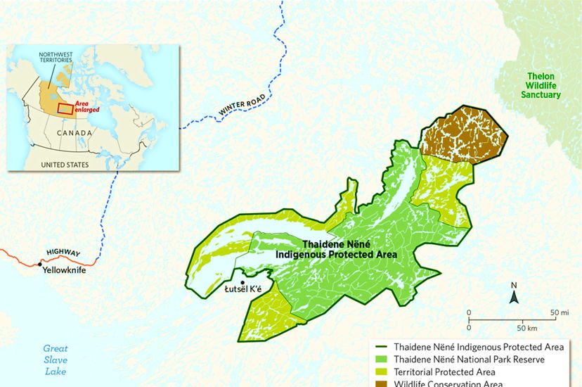 A map shows the Thaidene Nene Indigenous Protected Area in the Northwest Territories of Canada.