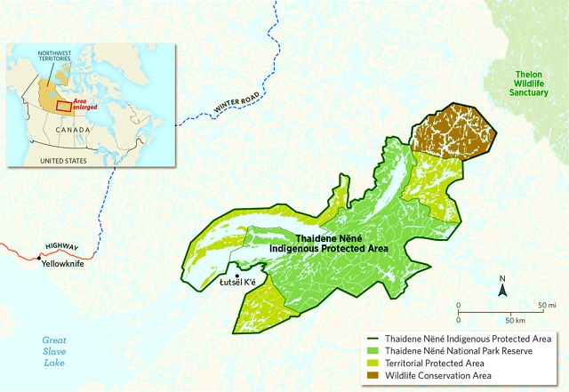 A map shows the Thaidene Nene Indigenous Protected Area in the Northwest Territories of Canada.