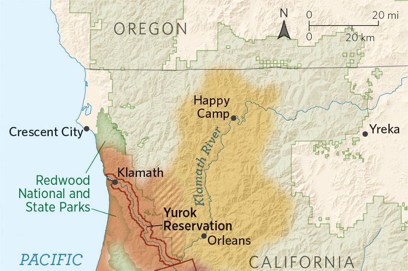  A map of Northern California showing the traditional lands of the Yurok, Karuk, and Hoopa Tribes.
