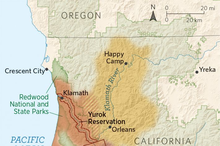 A map of Northern California showing the traditional lands of the Yurok, Karuk, and Hoopa Tribes.