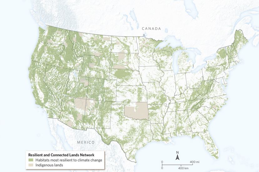 A map shows lands in the US that will be resilient in the face of climate change.