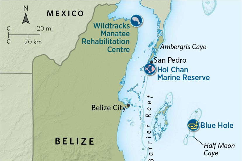 A map of Belize shows offshore conservation projects.