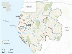 Map graphic of Gabon, with major cities, rivers, lakes, protected areas and RAMSAR sites.