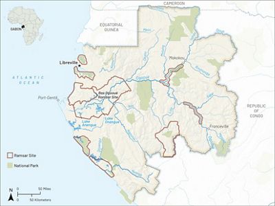 Map graphic of Gabon, with major cities, rivers, lakes, protected areas and RAMSAR sites.
