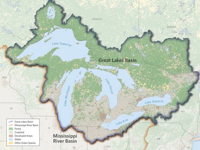Map of the land uses in the Great Lakes Basin.