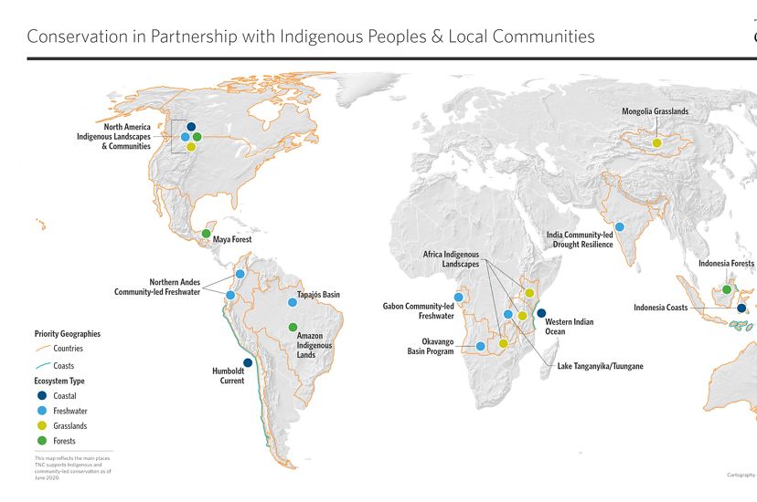 Map detailing where The Nature Conservancy works with Indigenous Peoples and local communities. As of January 2022.