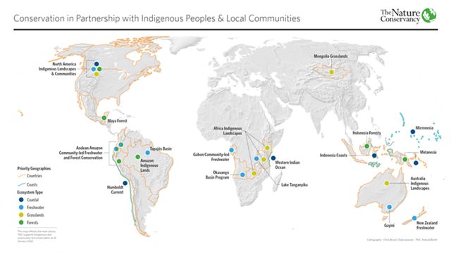 Map detailing where The Nature Conservancy works with Indigenous Peoples and local communities. As of January 2022.