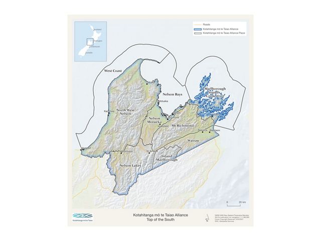 A map of the top of New Zealand's South Island.