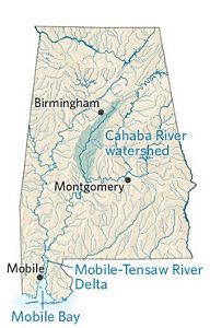 A map of Alabama shows the extensive system of freshwater in the state.
