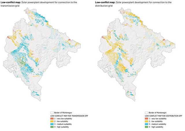 Maps showing solar power development potential across Montenegro.