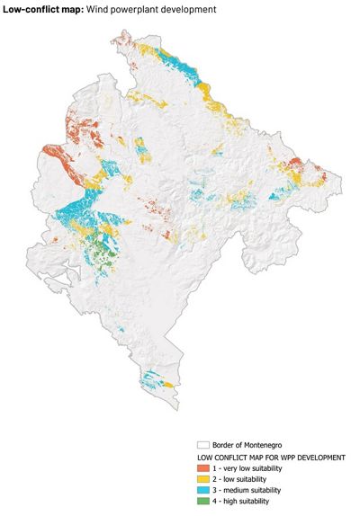 Maps showing wind power development potential across Montenegro.