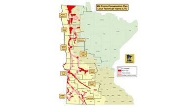 Prairie Conservation Plan Local Technical Teams (LTT) for prairie restoration in Minnesota. This map was updated in May 2017.