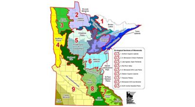 Map of Minnesota showing the 9 Ecological Sections across the state.