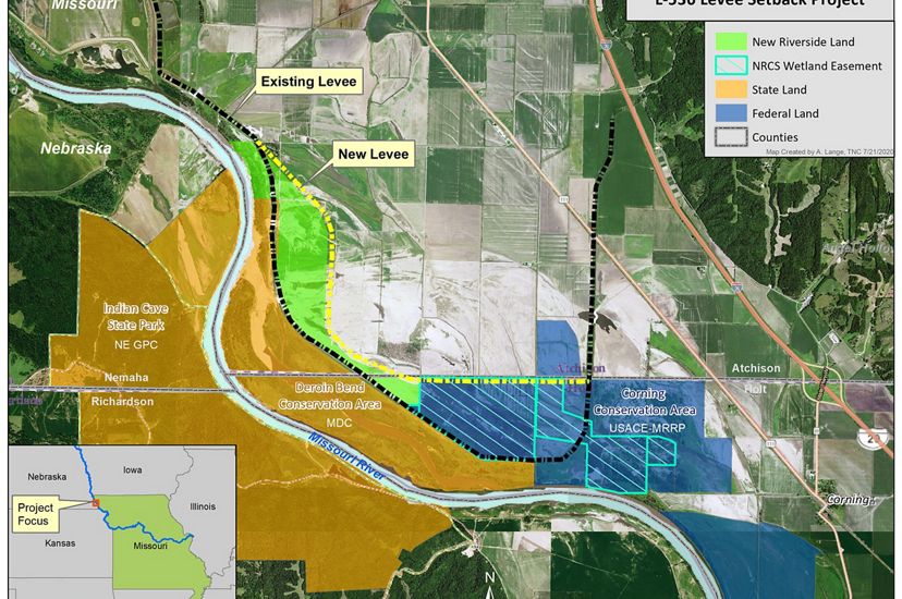 Map of project area showing location of previous levee and new levee.