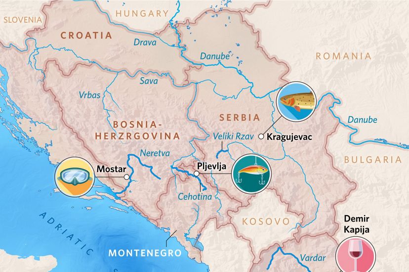 Balkans map with icons for River Champions in 2-24 magazine