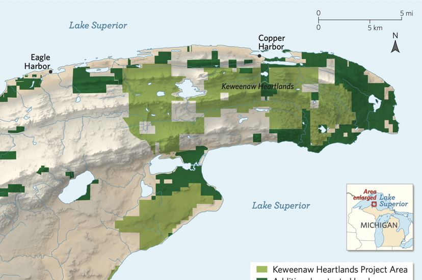 A map of the Keweenaw Heartlands Project area and other protected lands on the Keweenaw Peninsula in Michigan.
