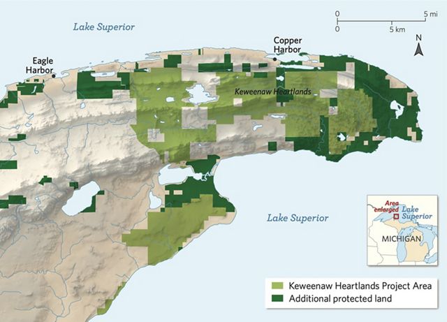 A map of the Keweenaw Heartlands Project area and other protected lands on the Keweenaw Peninsula in Michigan.