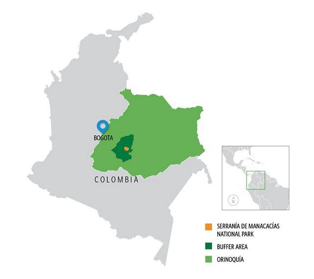Map showing location of Manacacías in Colombia.