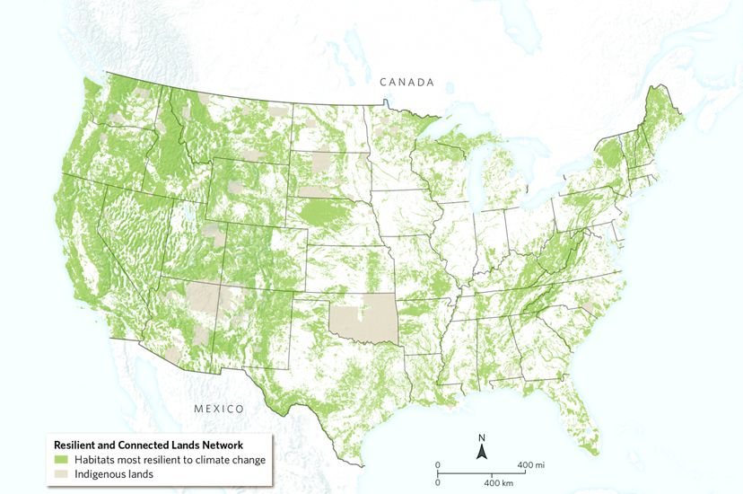 A map of the Lower 48 United States with shades of green delineating places of resilient and connected landscapes.