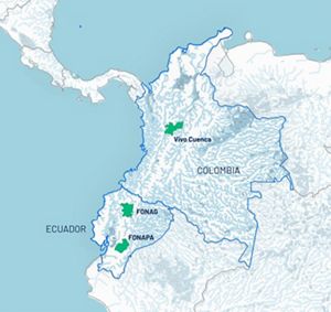 Mapa centrado en Colombia y Ecuador que muestra la ubicación de las ciudades y los Fondos de Agua que protagonizan las siguientes historias. 