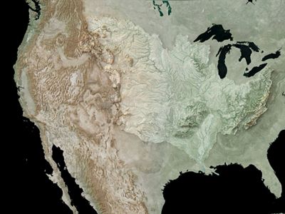 Topographic map of the United States showing the Mississippi River Basin.