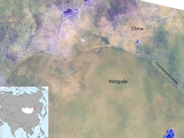 Satellite map showing border between China and Mongolia
