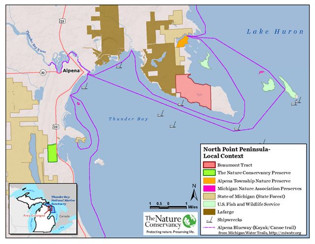 Map of the North Point Peninsula that notes local preserves, forests, shipwrecks and trails. 