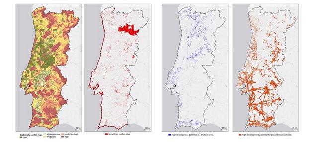 Biodiversity and social value conflict maps. Renewable energy development potential maps for wind and solar. Portugal.