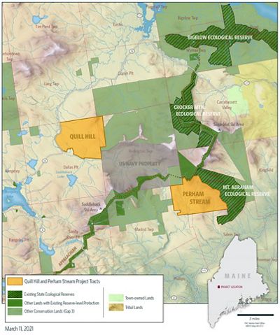 A map showing conservation lands in Quill Hill-Perham Stream area.