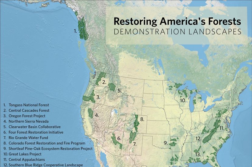 Map of Restoring America's Forests Demonstration Sites