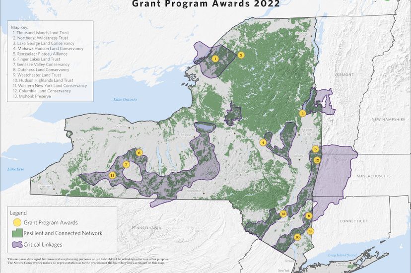 Map of New York state with shading to show NY Resilient and Connected Network Grant Program Awards.