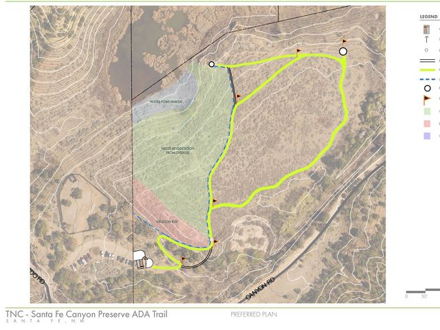 Santa Fe Canyon Preserve map with ADA trail outlined in yellow.