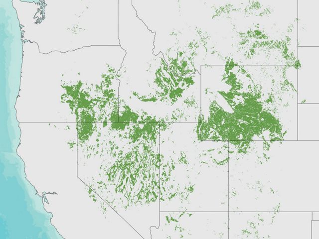 Map with green areas showing a reduction in the sagebrush sea across the US West.
