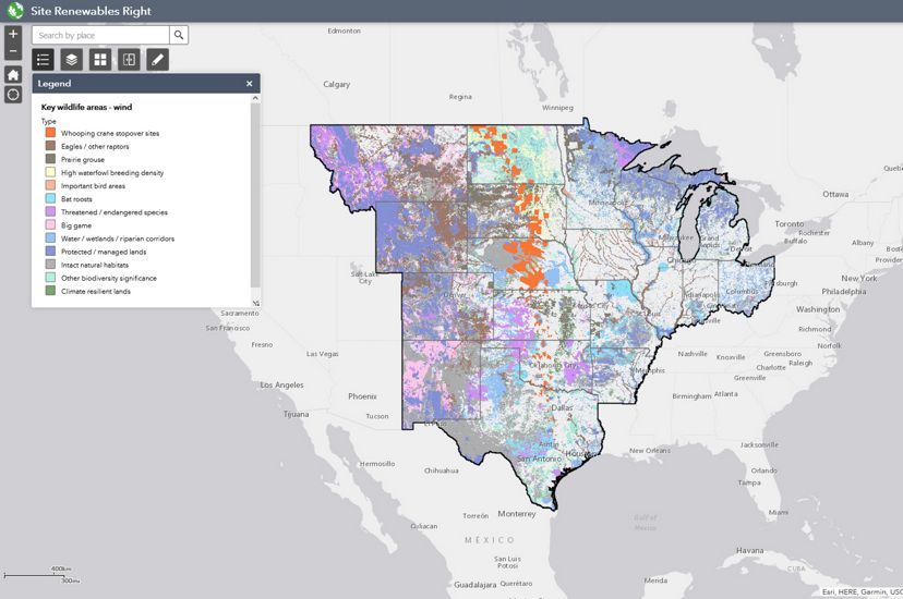 Map of the Site Renewables Right tool's wildlife layers in the central U.S.
