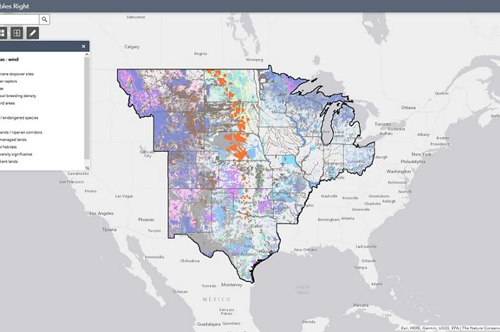 A map of the U.S. with layers of colors highlighting priority conservation areas.