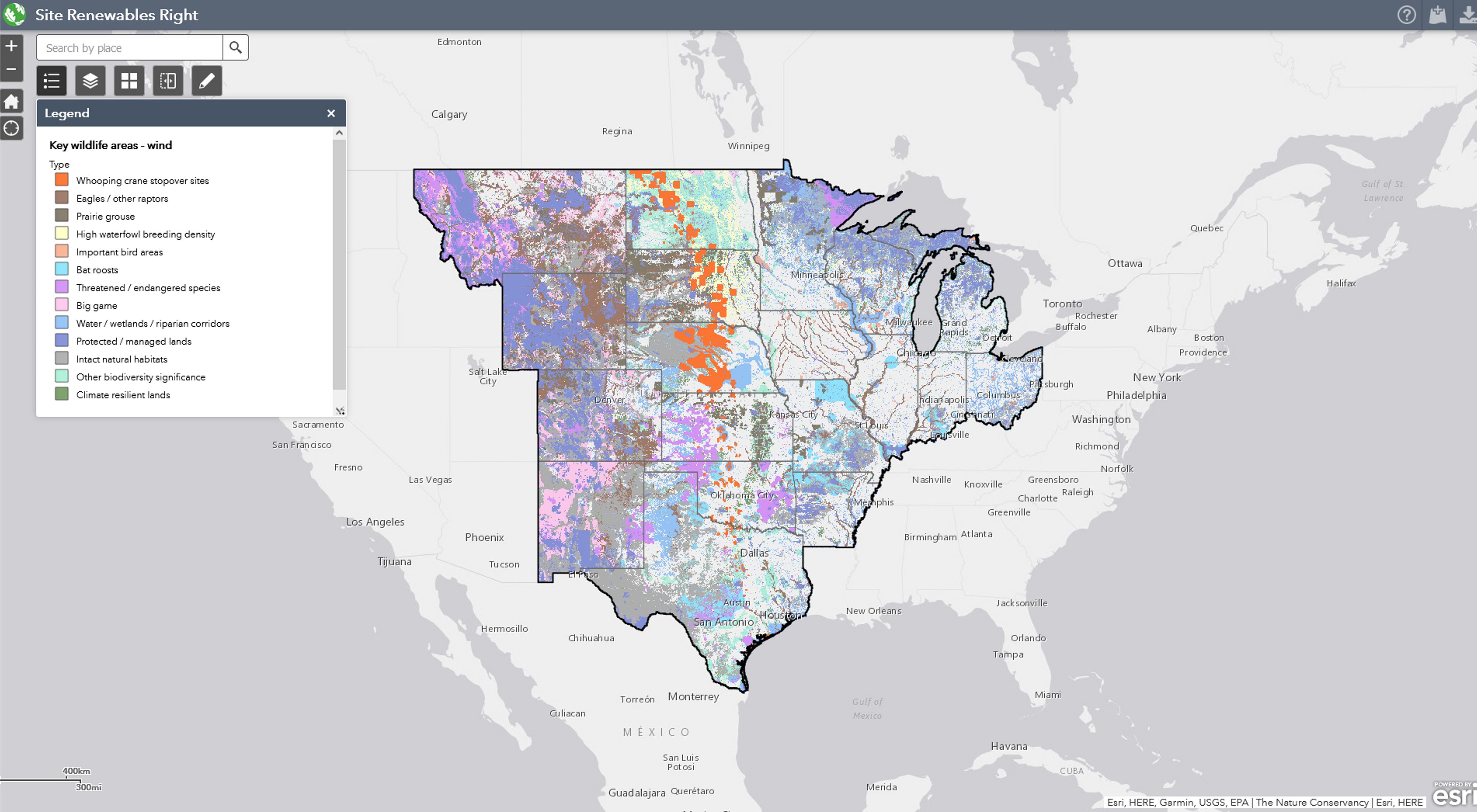 Map of Site Wind Right's wildlife layers in the central U.S.