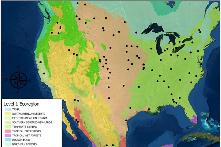 A map of North America, showing Soil Health Institute's 124 sites recording soil health data.