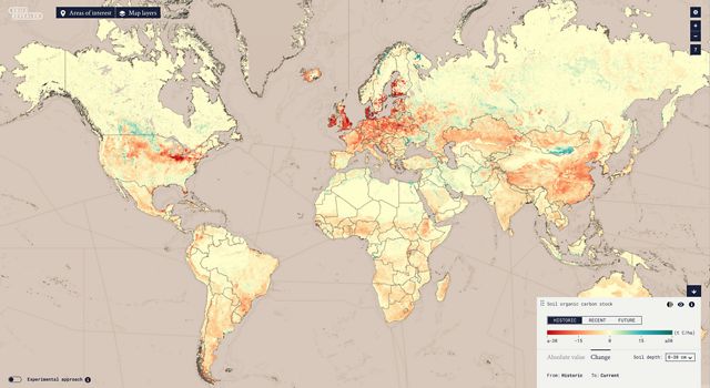 A global map showing change of soil carbon stock (loss and gain) from past to present