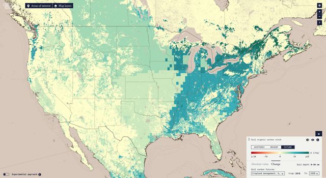A map of the USA showing different shades of teal that represent potential for future carbon storage