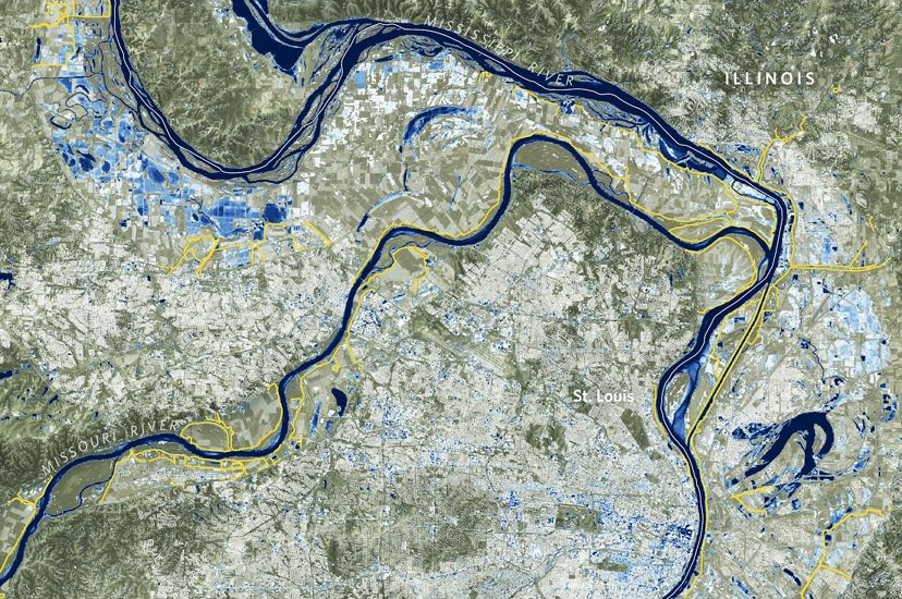 Map of the Mississippi River in St. Louis, Missouri, showing frequency of flooding in blue.