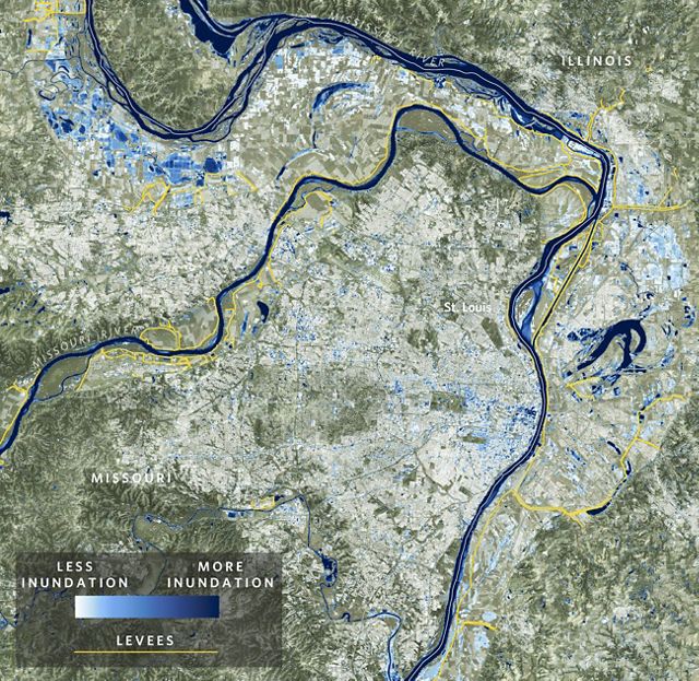 Map of the Mississippi River in St. Louis, Missouri, showing frequency of flooding in blue.