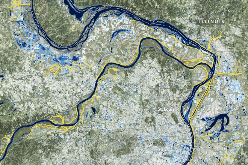 A map of the Mississippi River near St. Louis shows areas that have been inundated in blue.