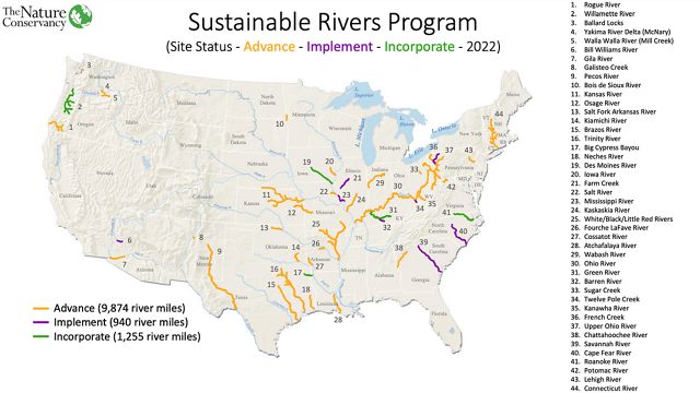 Map of U.S. showing rivers in the Sustainable Rivers Program.