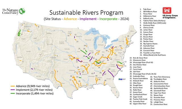 Map of U.S. showing rivers in the Sustainable Rivers Program.