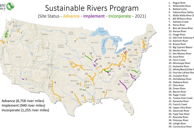 Map of U.S. showing rivers in the Sustainable Rivers Program.