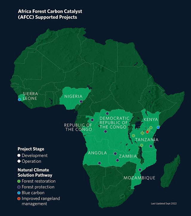 Image of a map of Africa, highlighting countries in the central continent that are doing carbon projects.